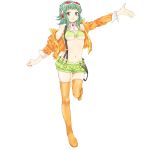  boots breasts goggles goggles_on_head green_eyes green_hair gumi headphones highres jacket kooki megpoid_(vocaloid3) midriff navel short_hair shorts simple_background smile solo suspenders thigh-highs thigh_boots thighhighs under_boob underboob vocaloid 