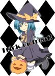  :p blue_eyes blue_hair candy cirno halloween hat highres jack-o&#039;-lantern jack-o'-lantern oniku-chan pumpkin solo striped thigh-highs thighhighs tongue touhou trick_or_treat wink witch_hat 