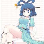  aho arm_support bare_legs blue_eyes blue_hair blush breasts crossed_legs hair_rings hair_stick highres kaku_seiga large_breasts legs_crossed shawl sitting smile solo taut_shirt touhou 