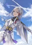  bad_id blue_eyes cloud condensation_trail dio_eraclea eyeshadow facepaint gloves goggles goggles_around_neck grin hair_ornament last_exile makeup momori outstretched_arms short_hair sky smile spread_arms tassel white_hair wide_sleeves 