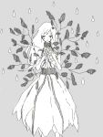  alternate_hairstyle closed_eyes dress eyes_closed flower hands_on_chest hands_on_own_chest hatsune_miku leaf long_hair mam233 monochrome plant rain sash sleeveless sleeveless_dress tears vocaloid white_hair 