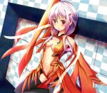  bare_shoulders black_legwear blush breasts center_opening checkered checkered_background cleavage elbow_gloves fingerless_gloves gloves guilty_crown hair_ornament hairclip lavender_hair long_hair looking_at_viewer navel ok-ray red_eyes solo thigh-highs thighhighs yuzuriha_inori 