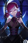  blood breasts brenika_answer choker dress drill_hair elbow_gloves flower gloves looking_at_viewer lowres moon night night_sky open_mouth pink_eyes red_hair redhead ribbon salt_(salty) silhouette sky solo sword_girls twin_drills vampire vernika_answer 