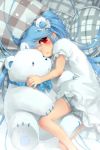  blue_hair blush child doll dress frills hair_ornament lowres luthica_preventer luticar lying open_mouth pillow plaid red_eyes ribbon ruffles snowing solo stuffed_animal stuffed_toy sword_girls teddy_bear twintails young 