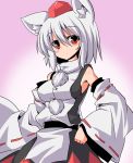  1girl animal_ears bare_shoulders breasts bust detached_sleeves gradient gradient_background hat inubashiri_momiji looking_at_viewer nikke red_eyes short_hair silver_hair simple_background solo standing tail tokin_hat touhou wolf_ears wolf_tail 