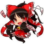  :d ascot atyuto bad_id black_hair blush_stickers bow brown_eyes chibi gohei hair_bow hakurei_reimu lowres open_mouth smile solo talisman touhou transparent_background 