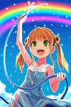 :d arm_up bail blonde_hair blush dress flat_chest flower green_eyes hose lowres open_mouth orange_hair rainbow smile solo sunflower sword_girls twintails water wet wet_clothes young 