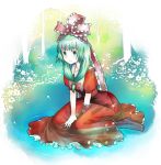  aqua_eyes between_thighs boots bow dress flower frills front_ponytail green_hair hair_bow kagiyama_hina mugishima ribbon sitting solo submerged thighs touhou tree wariza water wet wet_clothes 