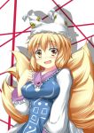  animal_ears blush fang fox_ears fox_tail hat hoshizuki_(seigetsu) solo tail touhou yakumo_ran yellow_eyes 