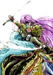  armor coat dated dual_wielding faris_scherwiz final_fantasy final_fantasy_v hair_over_one_eye long_hair purple_hair reverse_trap serious signature solo sword wakamecha weapon 