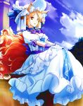  alternate_costume animal_ears blonde_hair dearmybrothers dress flower fox_ears fox_tail gloves hat highres multiple_tails sitting solo tail touhou victorian white_dress yakumo_ran yellow_eyes 