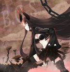  black_gold_saw black_hair black_rock_shooter butter-t butter_(artist) chain chains glowing glowing_eyes horns kingsaw long_hair pale_skin red_eyes shorts smile solo sword thigh-highs thighhighs weapon 