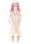  bad_id bare_shoulders blush chemise dress flower guilty_crown hair_ornament hairclip holding holding_flower long_hair looking_at_viewer phantania pink_eyes pink_hair solo wings yuzuriha_inori 