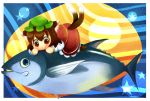  brown_eyes brown_hair cat_ears cat_tail chen earrings fish hat jewelry multiple_tails oversized_object smile star tail takamoto_akisa touhou 