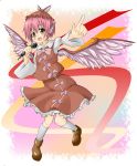  :d bad_id frilled_skirt hat kneehighs microphone mystia_lorelei open_mouth outstretched_arm pink_hair singing skirt skirt_set smile solo thgjexe touhou wings yellow_eyes 