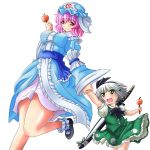  apple breasts dress female food fruit green_eyes hat katana konpaku_youmu large_breasts legs multiple_girls pink_hair red_eyes running saigyouji_yuyuko shin&#039;en_(gyokuro_company) shin'en_(gyokuro_company) shoes short_hair silver_hair simple_background smile sword thick_thighs thighs touhou triangular_headpiece weapon 