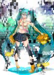  ahoge aqua_hair bad_anatomy bad_id detached_sleeves elbow_gloves fingerless_gloves gloves hatsune_miku high_heels highres hoshima long_hair midriff navel necktie pigeon-toed pigeon_toed pom_poms shoes skirt smile solo thigh-highs thighhighs twintails very_long_hair vocaloid 