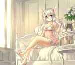  animal_slippers bare_legs bare_shoulders bed blonde_hair blue_eyes breasts cat_ears cat_tail cleavage fang flower gl_ztoh hair_twirling hands lace legs long_hair nightgown no_bra original rose signature silver_hair sitting slippers smile solo tail white_rose 