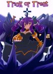  ahoge bell bow breasts candy dress elbow_gloves gloves hair_bow halloween highres long_hair oborotsuki_kakeru original pointy_ears pumpkin purple_hair red_eyes solo trick_or_treat twintails 