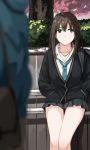  1girl bench black_hair green_eyes hands_in_pockets idolmaster idolmaster_cinderella_girls jacket jewelry long_hair long_sleeves loose_necktie necklace necktie school_uniform shibasaki_shouji shibuya_rin shirt sitting skirt solo 