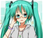  bad_id bespectacled blush glasses green_eyes green_hair hair_ribbon hand_on_headphones hatsune_miku headphones hoodie jewelry karamone-ze karamoneeze necklace open_mouth pendant project_diva ribbon smile solo spring_onion twintails vocaloid 