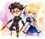  ahoge armor black_hair blonde_hair chibi excalibur fate/stay_night fate/zero fate_(series) gae_buidhe gae_dearg glowing glowing_weapon green_eyes kome_(kokomoti) lancer_(fate/zero) mole polearm saber spear sword weapon yellow_eyes 