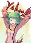  animal_ears arms_up closed_eyes danbo_(rock_clime) eyes_closed green_hair homeless_mk_ii kasodani_kyouko open_mouth short_hair solo tail touhou 
