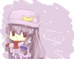  blush cat chibi commentary_request crescent dress flat_gaze hair_ribbon hat hazuki_ruu jacket long_hair open_mouth patchouli_knowledge perfect_cherry_blossom purple_eyes purple_hair ribbon scarf solo striped striped_dress touhou violet_eyes 