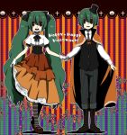  1girl dress dual_persona genderswap gloves green_hair halloween hand_holding happy_halloween hat hatsune_miku hatsune_mikuo holding_hands long_hair mini_top_hat najo open_mouth orange_dress pantyhose red_eyes skirt skirt_hold skirt_lift striped striped_legwear top_hat twintails very_long_hair vocaloid 