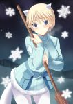  1girl bad_id belt_pouch blonde_hair blue_eyes blush breasts breath broom doujinshi ferret_ears ferret_tail fur fur_trim highres holding kyogoku_shin kyougoku_shin looking_at_viewer night night_sky nikka_edvardine_katajainen outdoors pantyhose pouch ribbed_sweater scan short_hair sky snow snowflakes solo star star_(sky) starry_sky strike_witches sweater tail turtleneck white_legwear winter winter_clothes 
