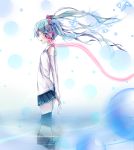  absurdres closed_eyes detached_sleeves eyes_closed floating_hair hatsune_miku headphones highres long_hair open_mouth paparins profile reflection skirt solo thigh-highs thighhighs twintails vocaloid wading 