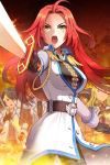  belt breasts coat epaulettes fire gloves jaina_preventer jeyina large_breasts long_hair lowres multiple_girls open_mouth pants red_hair redhead solo striped sword sword_girls weapon yellow_eyes 