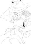  bad_id chakram hand_on_hat hat jewelry monochrome moriya's_iron_rings moriya_suwako oxstar ring solo touhou weapon wide_sleeves 