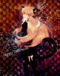  aino_minako animal_ears animal_on_shoulder artemis_(sailor_moon) bishoujo_senshi_sailor_moon black_legwear blonde_hair blue_eyes bow cat cat_ears cat_tail checkered checkered_background crown dolcexxx halloween happy_halloween highres kemonomimi_mode long_hair looking_back pantyhose ribbon see-through skirt skull smile sparkle tail v 