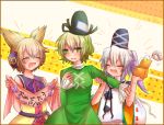  azuki_(lizzy) blush brown_hair dress earmuffs green_dress green_eyes green_hair hat headphones japanese_clothes kariginu mononobe_no_futo multiple_girls silver_hair smile smirk soga_no_tojiko tate_eboshi touhou toyosatomimi_no_miko 