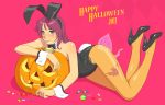  2011 animal_ears blue_eyes bowtie bunny_ears bunnysuit candy copyright_request detached_collar fukusuke_hachi-gou ghost halloween happy_halloween jack-o&#039;-lantern jack-o'-lantern jelly_bean lollipop long_hair mouth_hold pantyhose pink_background pumpkin purple_hair solo wrist_cuffs 