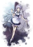  1girl apron blue_eyes blush bobby_socks braid clock clock_tower cross-laced_footwear crossed_legs_(standing) dress highres izayoi_sakuya knife maid maid_headdress pocket_watch short_hair silver_hair smile socks solo throwing_knife touhou tower twin_braids watch weapon 