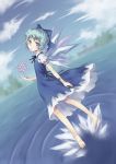  1girl arm_up bare_legs barefoot blue_dress blue_eyes blue_hair blue_sky blurry bow cirno cloud depth_of_field dress dutch_angle feet full_body hair_bow highres ice lake looking_back ripples scarlet_devil_mansion shirt short_hair sky snowflake solo touhou tree water wings 