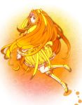  blonde_hair boots bow bubble_skirt circlet cure_muse cure_muse_(yellow) dress frills gathers gradient_hair hair_ribbon heart long_hair magical_girl mero_(0g0dam) multicolored_hair orange_(color) orange_background orange_hair precure red_eyes ribbon ruffles shirabe_ako smile solo suite_precure yellow_dress 