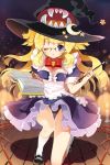  blue_eyes book bow breasts candle cherrypin dress footwear frills glasses hat long_hair lowres mary_janes panties pantyshot ribbon ruffles shoes smile socks solo star sword_girls underwear wand wink witch witch_hat 