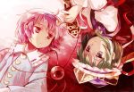  blue_eyes buttons chaba_(hortensia) green_hair hair_ornament hairband hat heart komeiji_satori long_sleeves lying multiple_girls on_back pink_eyes pink_hair ribbon rod_of_remorse shikieiki_yamaxanadu smile third_eye touhou 