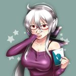  bespectacled book bow bra_strap breasts bust caffein glasses hair_bow headphones lips nail_polish ponytail red-framed_glasses red_eyes smirk solo sweater vocaloid voyakiloid white_hair yowane_haku 