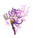  1girl animal_ears black_legwear breasts cat_ears cat_tail highres kazana_(sakuto) long_hair looking_at_viewer mioriasu_hopelight open_mouth purple_hair simple_background solo tail very_long_hair violet_eyes white_background 