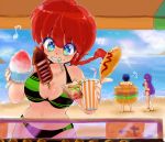  between_breasts bikini blue_eyes blue_hair braid breasts cleavage genderswap hips hoshino_lala mouth_hold ocean purple_hair ranma-chan ranma_1/2 red_hair redhead saotome_ranma shampoo_(ranma_1/2) shaved_ice squid swimsuit tendou_akane water wide_hips 