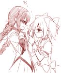  akemi_homura blush braid choker closed_eyes embarrassed eyes_closed glasses gloves hand_holding hijikini holding_hands kaname_madoka licking long_hair magical_girl mahou_shoujo_madoka_magica monochrome multiple_girls profile scared short_hair sketch spoilers tongue trembling twintails yuri 