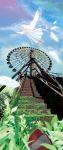  angel_wings background bad_id barefoot clouds dress feather feathers female ferris_wheel flying hair highres ladybug long_hair masao moss original outside overgrown perspective plants rust sign sky solo stairs syounen_no_uta white_dress white_hair wings 