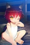  ;p animal_ears barefoot chemise child feet ginger_(sword_girls) hand_on_cheek hand_on_own_cheek hand_on_own_face hay lowres oversized_clothes red_hair redhead salt_(salty) shiny shiny_hair short_hair sitting solo strap_slip sword_girls tail tongue wink yellow_eyes young 