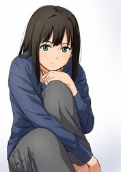  1girl black_hair green_eyes idolmaster idolmaster_cinderella_girls jewelry leg_hug long_hair long_sleeves necklace pants shibasaki_shouji shibuya_rin shirt solo 