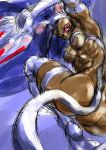  1girl angry animal_ears ass blue_hair breasts capcom cat_ears dark_skin darkstalkers felicia graphite_(medium) hey_(bluebell) highres muscle paws red_eyes sketch solo tail traditional_media vampire_(game) 