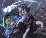  animal_ears basket brown_eyes capelet dress electricity green_dress green_hair grey_hair hat jewelry mouse mouse_ears mouse_tail multiple_girls nazrin open_mouth pendant petals red_eyes shope short_hair smile soga_no_tojiko tail tate_eboshi touhou 
